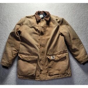 Carhartt Workwear Jacket Tan Canvas Corduroy Collar Quilted Lined Men Size XL